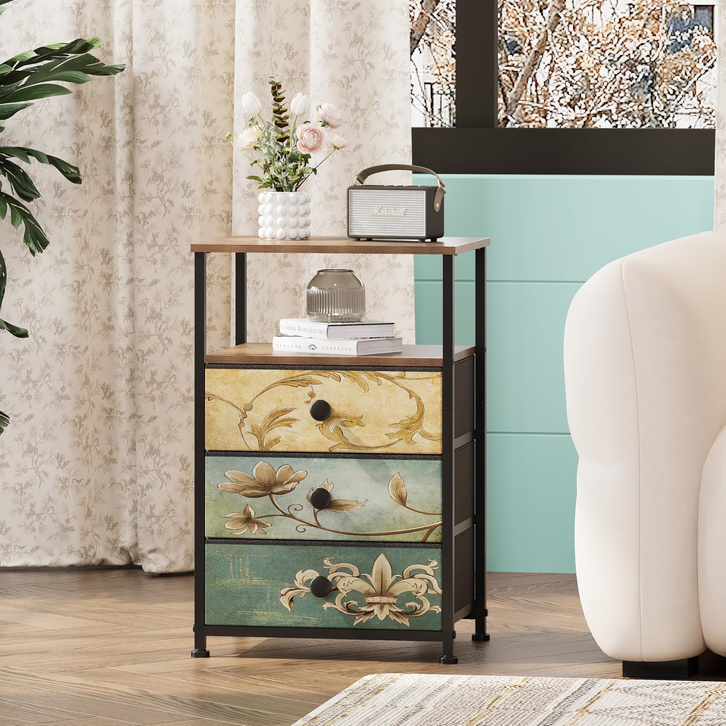 VEDECASA Chest of Drawers with Open Shelf 3 Drawers Dresser for Bedroom Vintage Bedside Table Nightstand Cabinet for Living Room Sofa Couch Closet