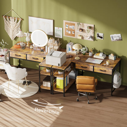 CAIYUN L Shaped Computer Desk with 2 Drawers, 100CM Office Corner Desk with 2 Storage Shelves, Working Table Study Table for Home Office Desk, Brown
