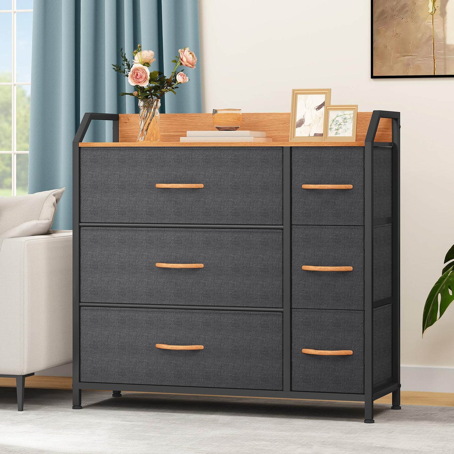 DWVO Chest of Drawers,Fabric Chest of Drawers Bedroom Cabinet with 6 Drawers,Dresser for Bedroom,Living Room With Handles,Wood Top and Sturdy Steel