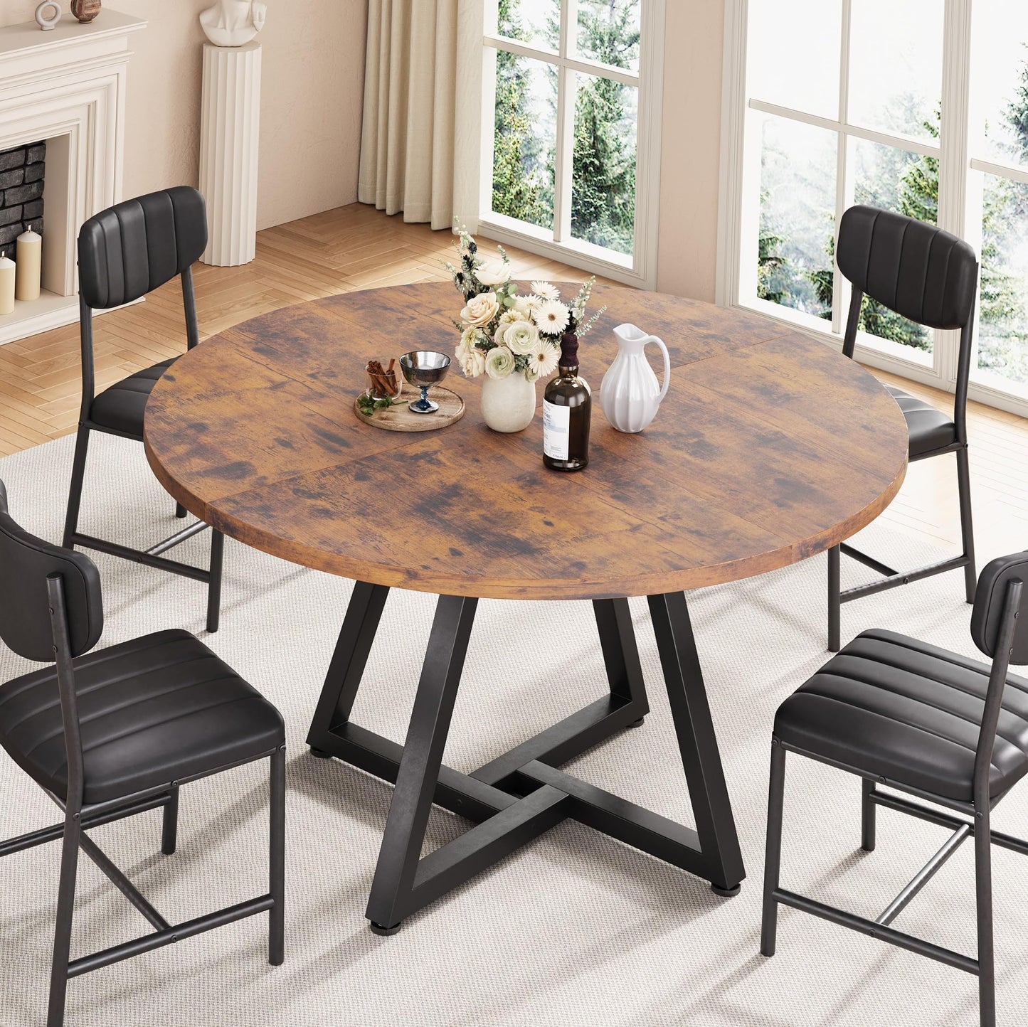Jocoevol Round Kitchen Dining Table for 4-6 People, Circle Dinner Table with Metal Frame, Space Saving Wood Industrial Furniture (Vintage, 51 inch