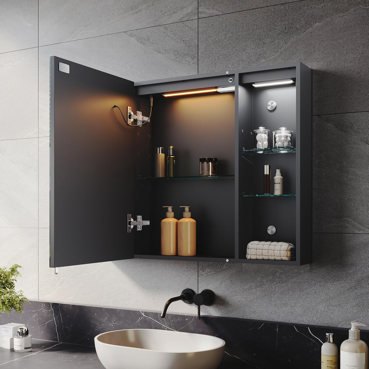 ELEGANT 800x600mm LED Bathroom Mirror Cabinet with Shaver Socket Black Mirrored Cabinet with Three-Color Infinitely Dimmable Wall Mounted Mirror