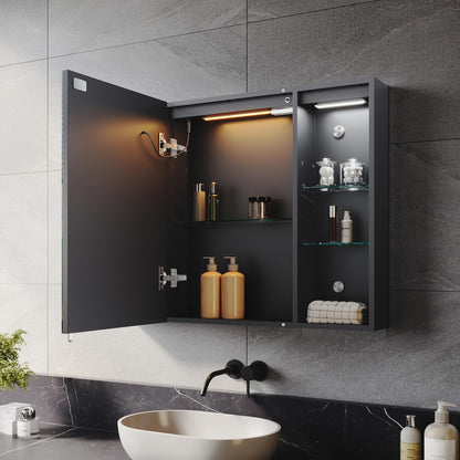 ELEGANT 800x600mm LED Bathroom Mirror Cabinet with Shaver Socket Black Mirrored Cabinet with Three-Color Infinitely Dimmable Wall Mounted Mirror