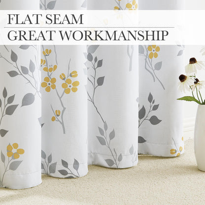 Beauoop Yellow Grey Floral Blackout Curtains for Bedroom Living Room 72 Inch Drop Leaf Print Eyelet Curtain Botanical Thermal Insulated Noise Reducing
