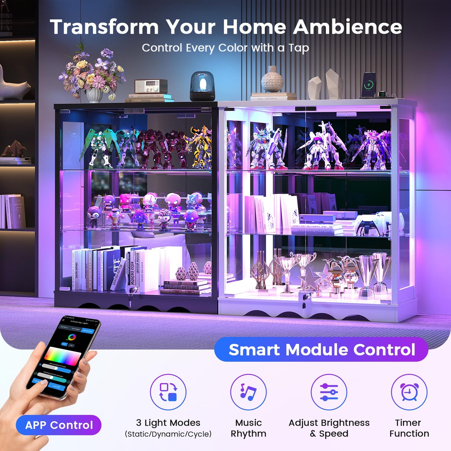 FREDEES RGB Display Cabinet with Glass Doors for Living Room, White