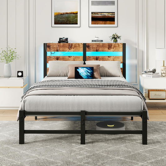 HOMERECOMMEND 4ft6 Double Bed Frame with USB Charging Station,LED Bed Frame with Wood Storage Headboard,Metal Platform Bed Frame Double No Box Spring