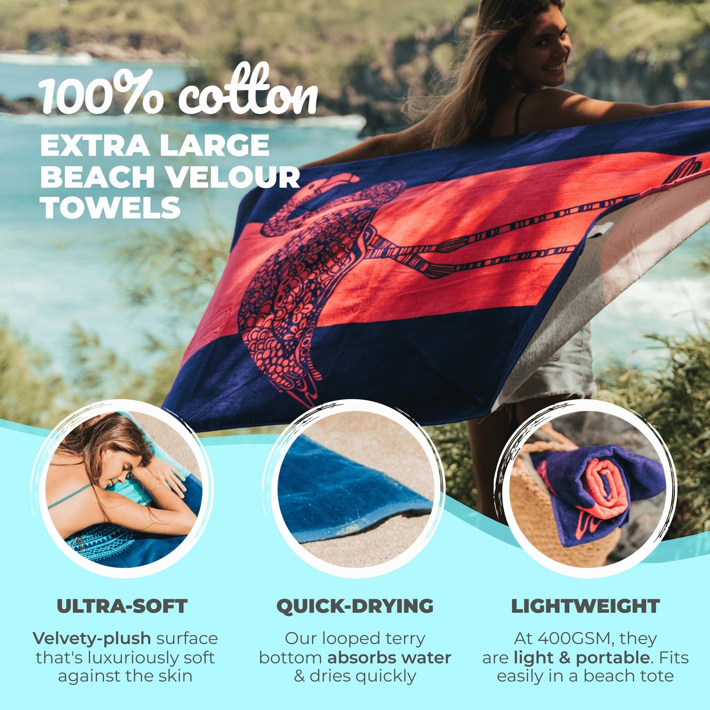 Nova Blue Flamingo Beach Towel – Pink and Purple with A Cute Design, Extra Large, XL (34”x 63”) Absorbent & Portable, Lightweight, Pink Beach Towel