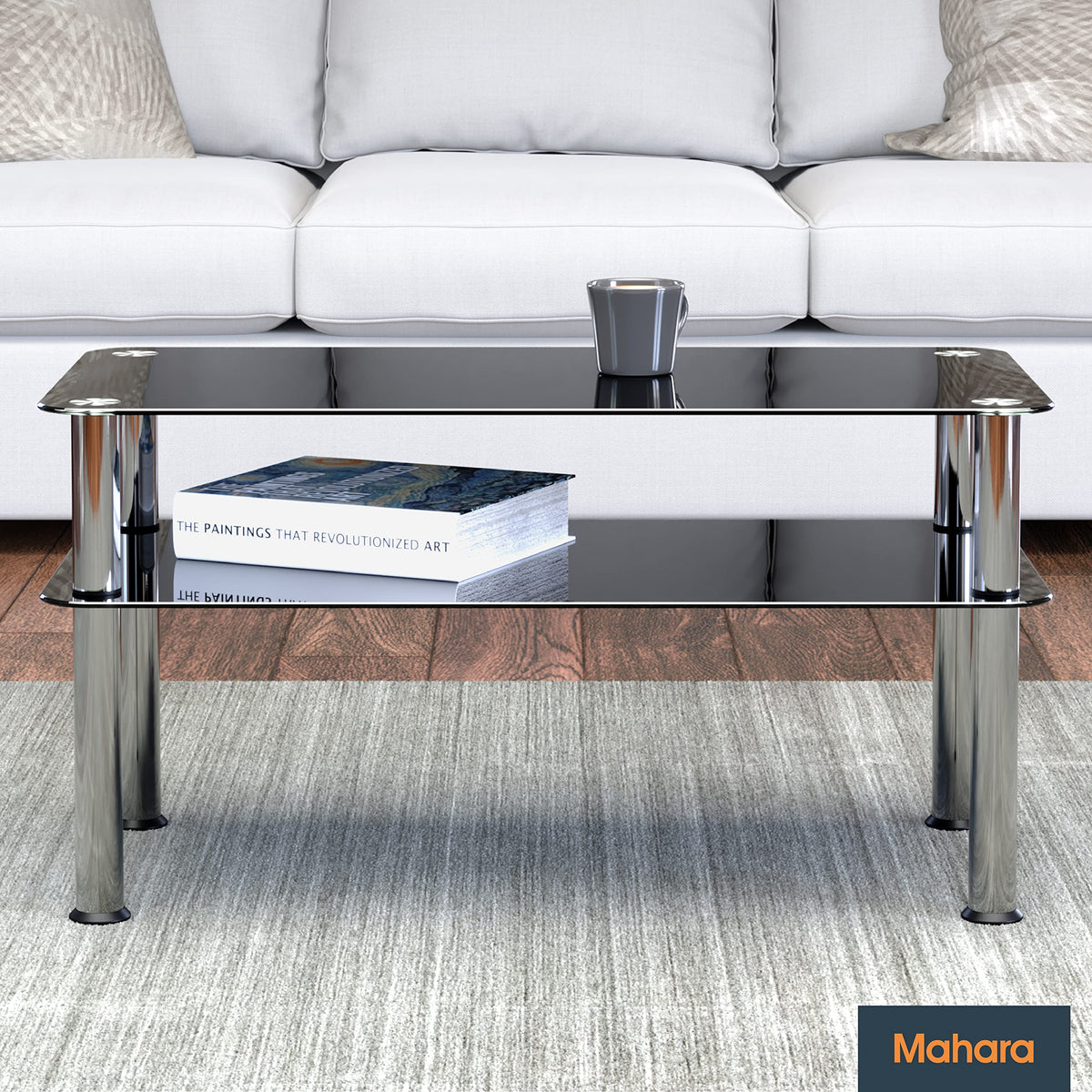 mahara Black Glass Coffee Table - Slimline side table with shelf polished stainless steel legs - Small table W80cm x D40cm x H41.5cm