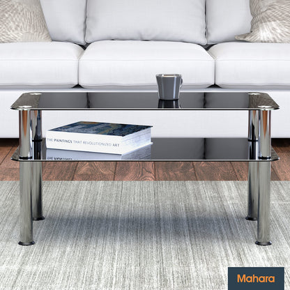 mahara Black Glass Coffee Table - Slimline side table with shelf polished stainless steel legs - Small table W80cm x D40cm x H41.5cm