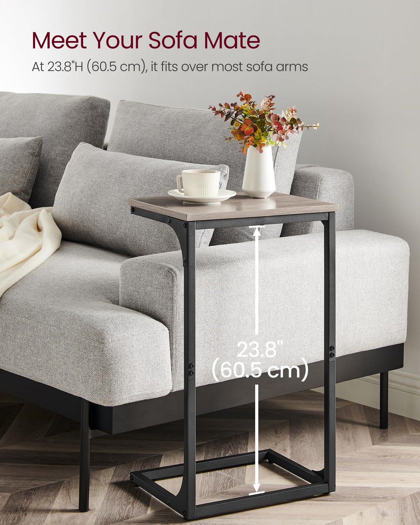 VASAGLE C-Shaped Side Table, Bedside Table, Sofa Side Table, with Metal Frame, Industrial, for Living Room, Bedroom, Heather Greige and Black