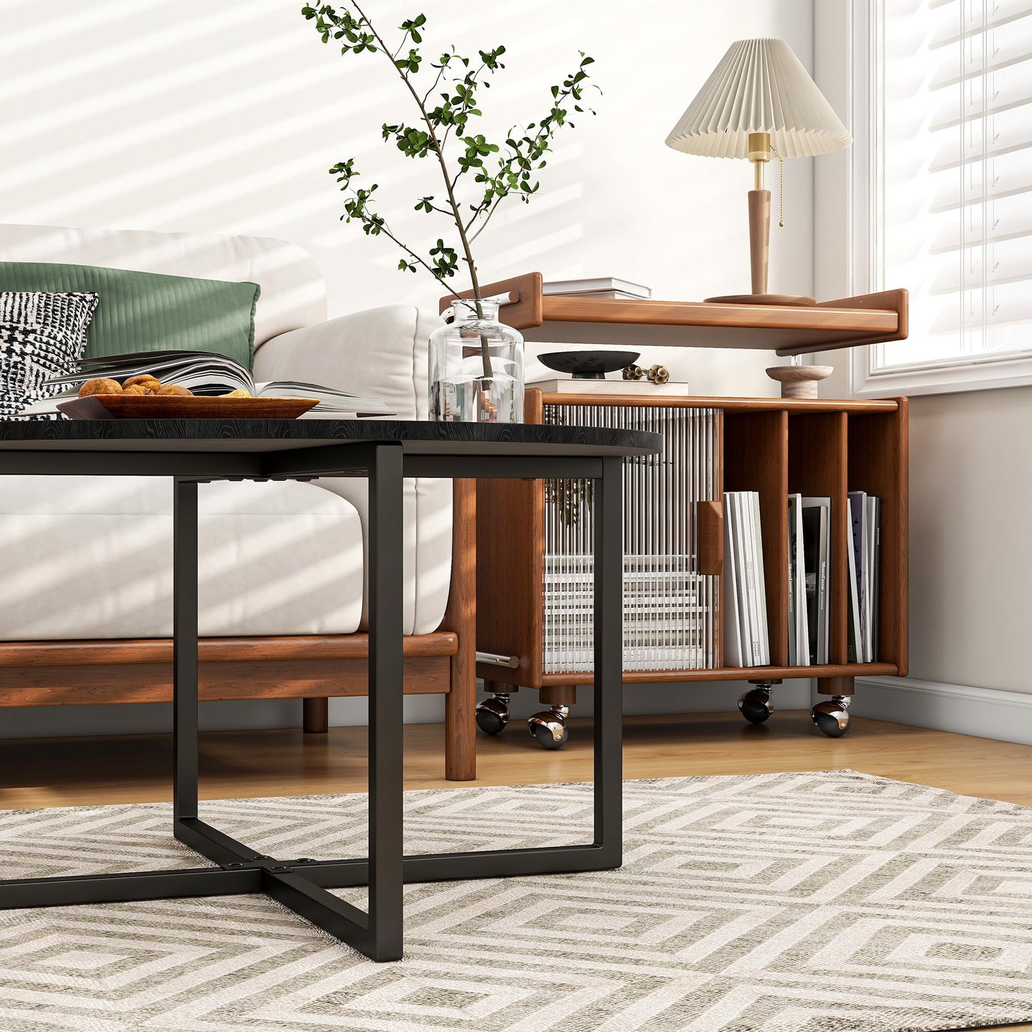 BOFENG Round Coffee Table Tea Table End Table Sofa Table for Living Room with Metal Legs,Black+Black