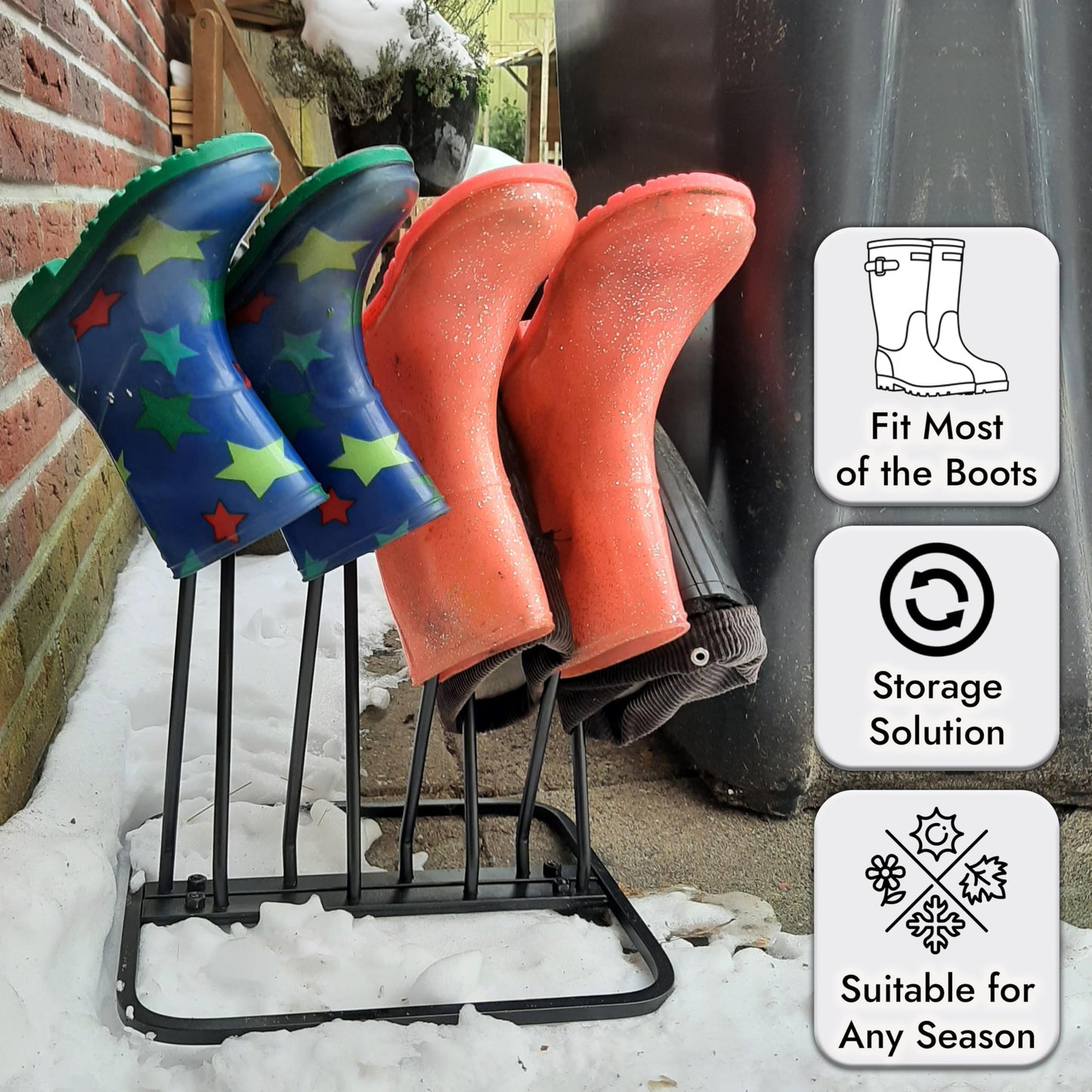 ARSUK Welly Boot Rack - Metal Wellington Boots Stand Outdoor, Cast Iron and Rustproof Wellies Storage Racks & Holder - 2 Pair & 4 Pair Boot Rack