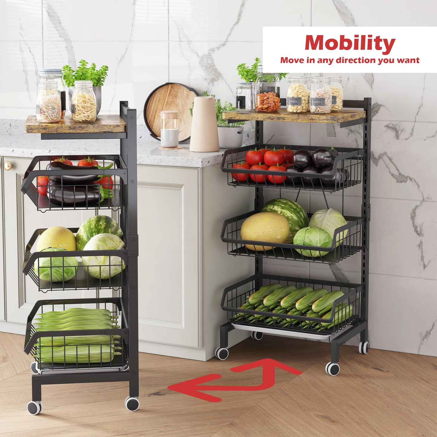 UMDONX Vegetable Storage Rack,kitchen Trolley,Vegetable Trolley on Wheels,4 Tier Kitchen Vegetable Storage Trolley Black Metal 15.4"*12.2"*34.44"