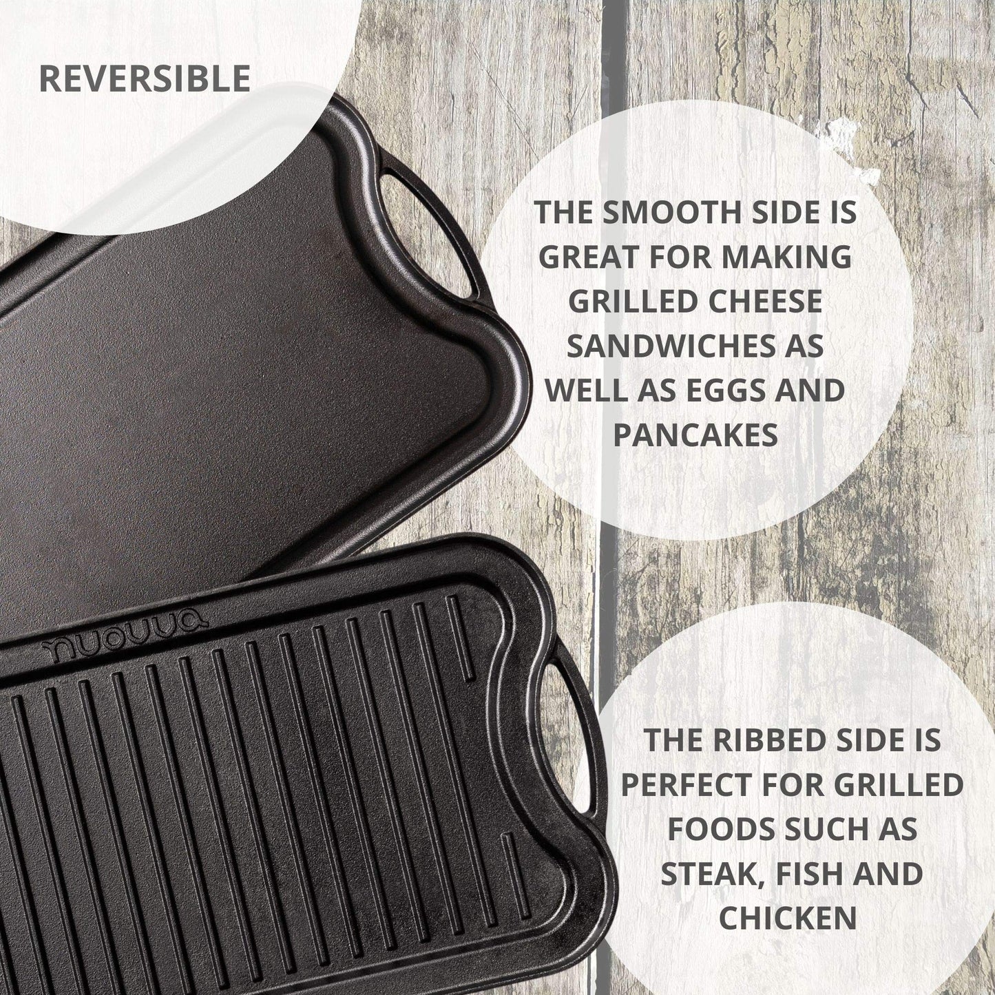 nuovva Cast Iron Griddle Plate for Gas Hob and BBQ Griddle pan Double Sided Pre-Seasoned, Grill Plate Tray, for Healthy and Delicious Cooking, Flat