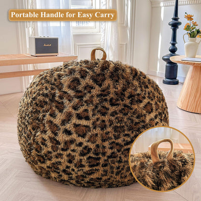 XeGe Faux Fur Leopard Print Bean Bag Chair Cover(No Filler), Cheetah Brown