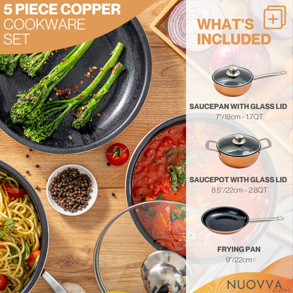 Non-Stick Cooking Pans and Pots Set - 5 pcs Oven Safe Copper Cookware - Induction Hob Saucepan Pots with Lids - Kitchenware Frying Pan - by Nuovva