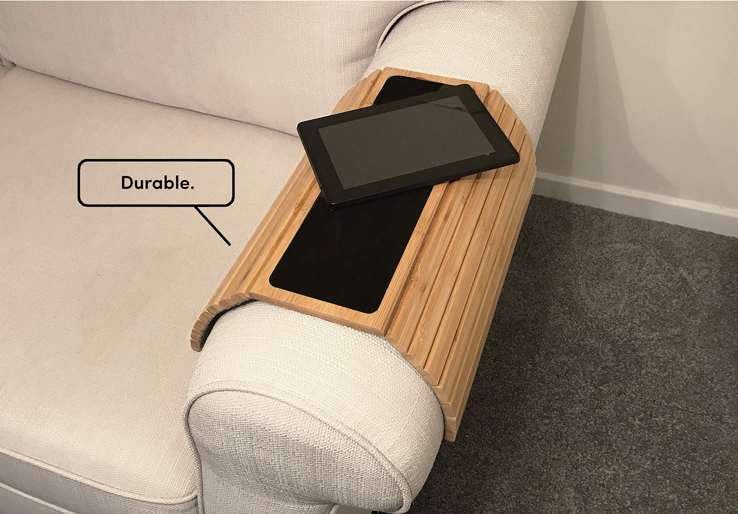 En Route Bamboo Arm Tray Table | Foldable Couch Armrest Tray with Non-Slip Mat for Drinks, Snacks, Phone & Remote | Flexible