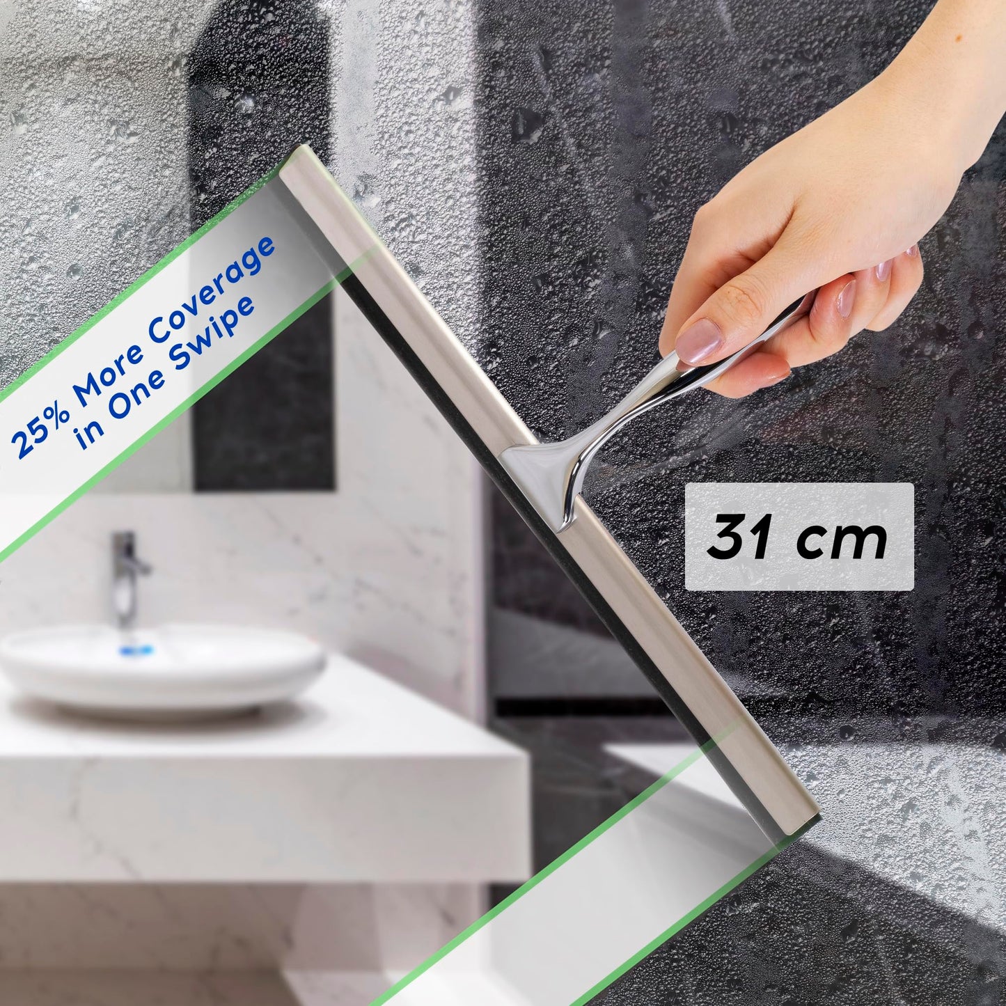 kowald Shower Squeegee Stainless Steel 31 cm Wide with 2 Different Hooks and Replacement Lip