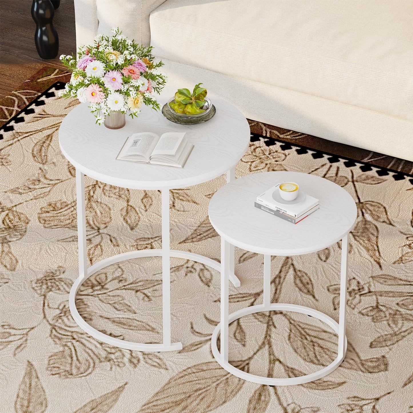 Garden 4 you Nest of Tables Set of 2,Round Coffee Table for Living Room,White Removable Coffee Table Set,Nesting Tables End Table for Living Room