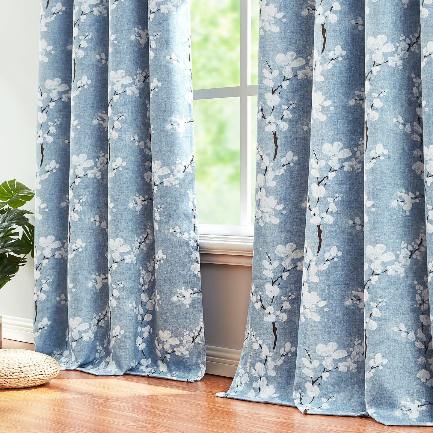Fmfunctex Blue Floral Blackout Curtains for Bedroom 90 inch Drop Eyelet Curtains for Living Room Nursary Blossom Thermal Insulated Window Curtain