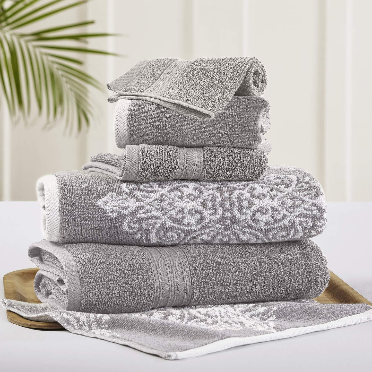 Modern Threads Amrapur Overseas | Artesia Damask 6 Piece Reversible Yarn Dyed Jacquard Towel Set (Grey)