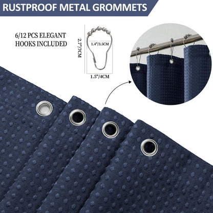 FY&XZH Heavy-Duty Waffle Weave Shower Curtain with Stainless Steel Hooks, Thick Fabric for Bathroom, Hotel, Spa & Salon-275 x 183cm (Navy Blue)