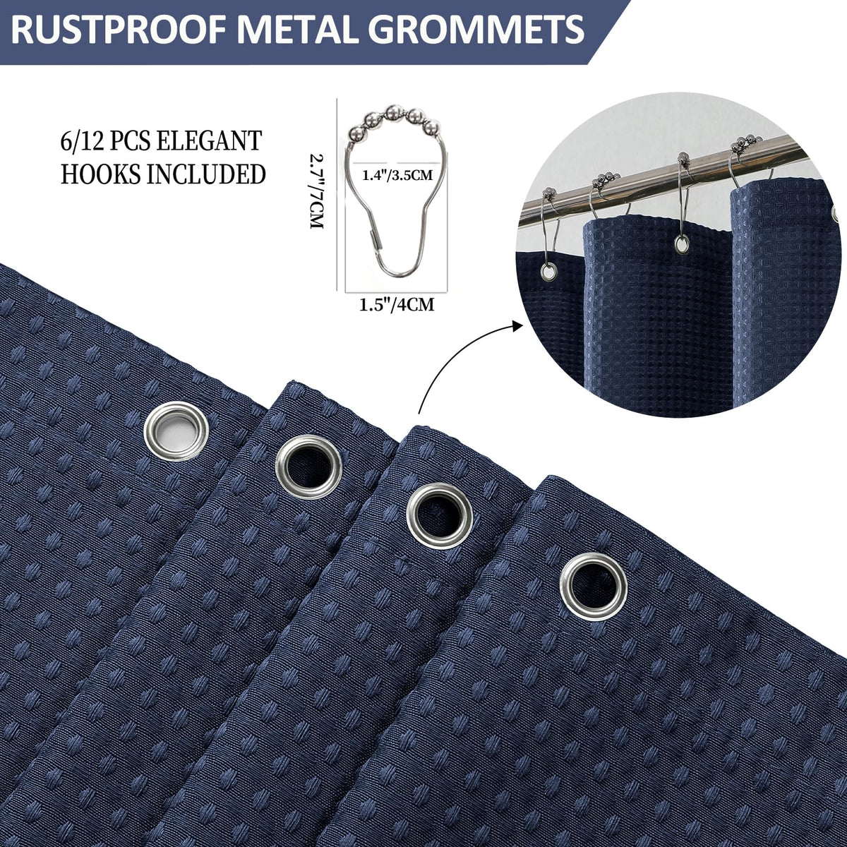 FY&XZH Heavy-Duty Waffle Weave Shower Curtain with Stainless Steel Hooks, Thick Fabric for Bathroom, Hotel, Spa & Salon-183 x 183cm (Navy Blue)