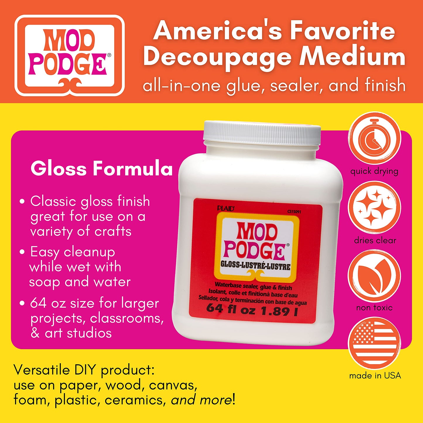Mod Podge Gloss Waterbase Sealer, Glue and Finish - 64 oz