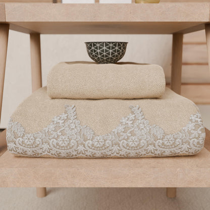 PETTI Artigiani Italiani - 100% Cotton Terry Bath Towels, 1+1 Towel Set, 2 Pieces, 1 Face Towel and 1 Hand Towel, Beige