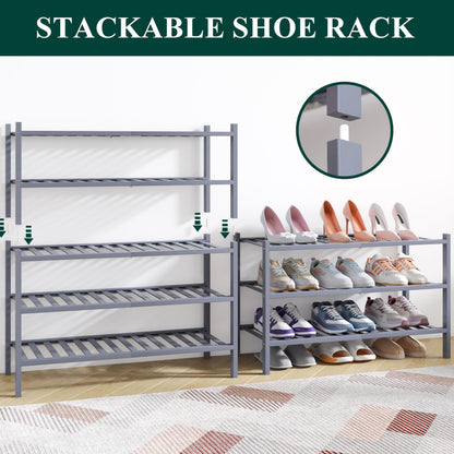 smiry Natural Bamboo Shoe Rack, 2 Tier Wooden Stackable Shoe Storage Organiser, Free Standing Shoes Storage Shelf for Entryway, Hallway, Small Spaces