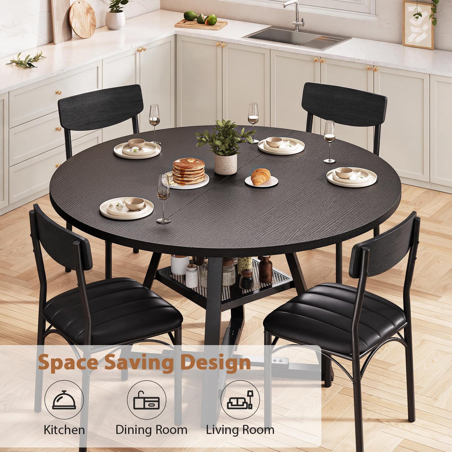 Jocoevol Round Dining Table and 4 Chairs Set of 4, Circle Dinner Table with Shelves, Space Saving Wood Kitchen & Dining Room Furniture