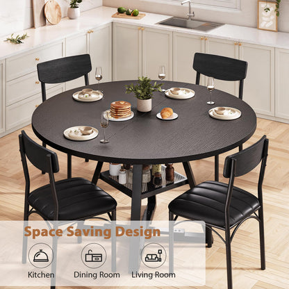 Jocoevol Round Dining Table and 4 Chairs Set of 4-6, Circle Dinner Table with Shelves, Space Saving Wood Kitchen Room Furniture (Black, 47 inch)