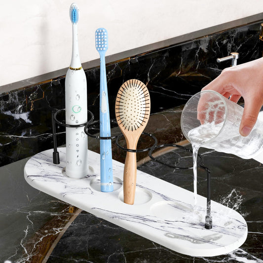 ZAIONE Toothbrush Holder for Bathroom Countertop: Quick-Dry Absorbent Diatomite Base 30?10cm for Electric Toothbrushes Toothpastes Organiser(White