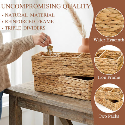 Pumtus 2 Pack 3-Section Wicker Baskets, Water Hyacinth Storage Bin, Handwoven Desk Organizer, Toilet Paper Container