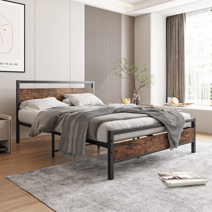 HOJINLINERO Double Bed Frame with Wooden Headboard,Heavy Duty Metal Platform Bed Frame Double Bed No Box Spring Needed,Mattress Base,Metal Slats