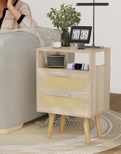 YMYNY Nightstand with 2 Drawers, Boho Side Table, Handmade Rattan Decorated, Open Shelf Unit with Arched Design, Solid Wood Legs