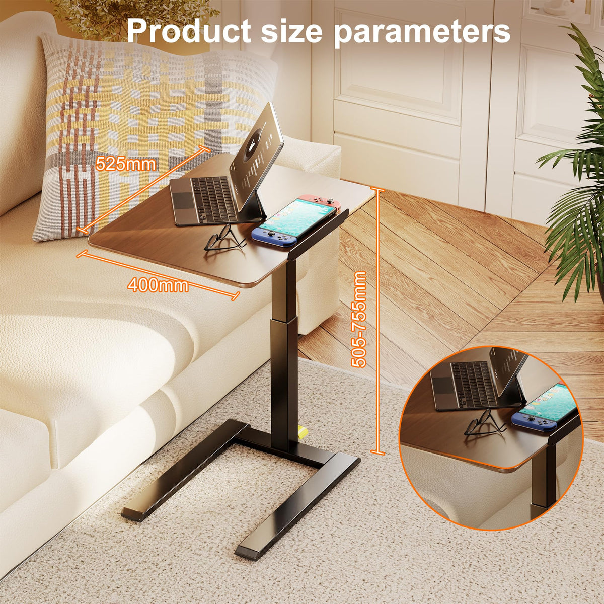 ETHU Compact Overbed Table with Tilting Tabletop 20-29.7"