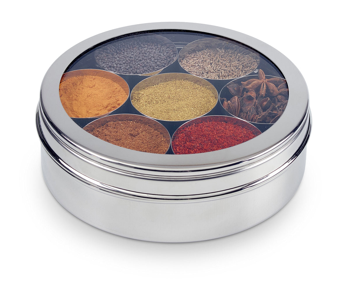 Zinel 7203 Stainless Steel Spice Box/Masala Dabba with 7 Comparments and Transparent Lid, 22cm, 22 cm , Silver