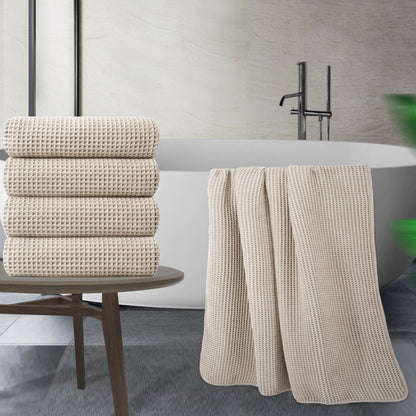 POLYTE Microfibre Oversize Quick Dry Lint Free Bath Towel, 152 x 76 cm, 4 Pack (Beige, Waffle Weave)