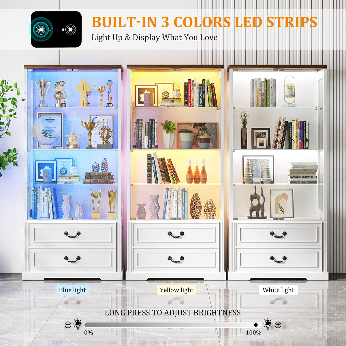 FREDEES LED Display Cabinet with Glass Doors and Drawers, White