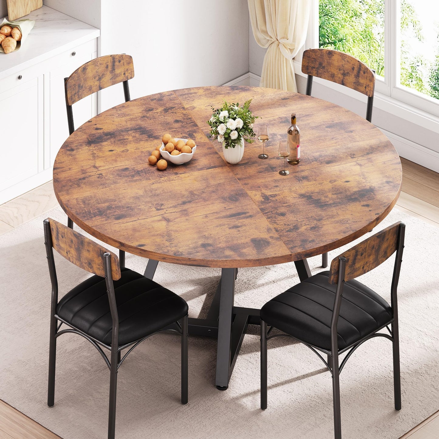 Jocoevol Round Kitchen Dining Table for 4-6 People, Circle Dinner Table with Metal Frame, Space Saving Wood Industrial Furniture (Vintage, 51 inch