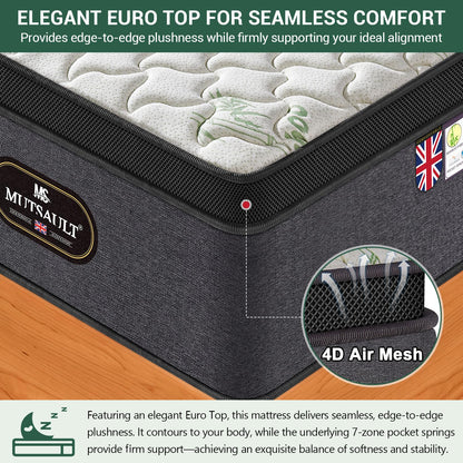 Mutsault Orthopaedic Single Mattress 3FT for Back Pain Relief, Luxe Euro Top Hybrid 7-Zone Pocket Sprung Mattress with Cooling Gel Memory Foam &