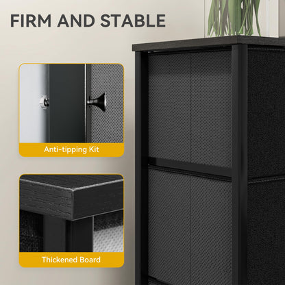 DWVO Chest of Drawers, 5 Fabric Drawers Bedroom Cabinet,Dresser for Bedroom,Living Room With Handles,Wood Top and Sturdy Steel Frame, Black Grey