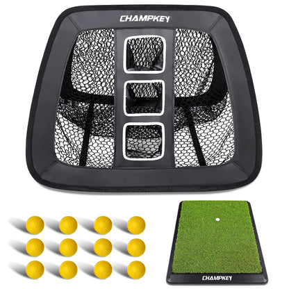 CHAMPKEY Double Sided Golf Chipping Net with Golf Hitting Mat | Come with 12 Foam Golf Balls | 5 Ply-Knotless Netting Chipping Net and Heavy Duty