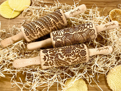 FLORAL 3 Small Textured Rolling Pinset. Wooden laser engraved embossing dough roller for embossed cookies gift for birthday, Easter, Christmas by