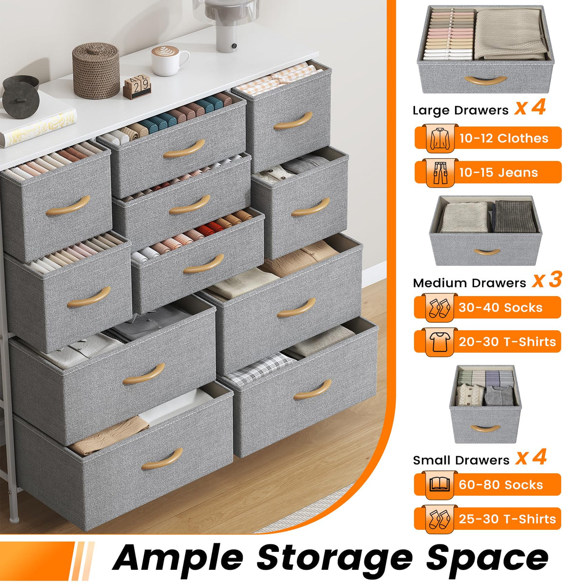 Feonase Chest of Drawers, Bedroom Tall Dresser with 11 Fabric Drawers, Metal Frame & MDF Wood Top, Adjustable Feet