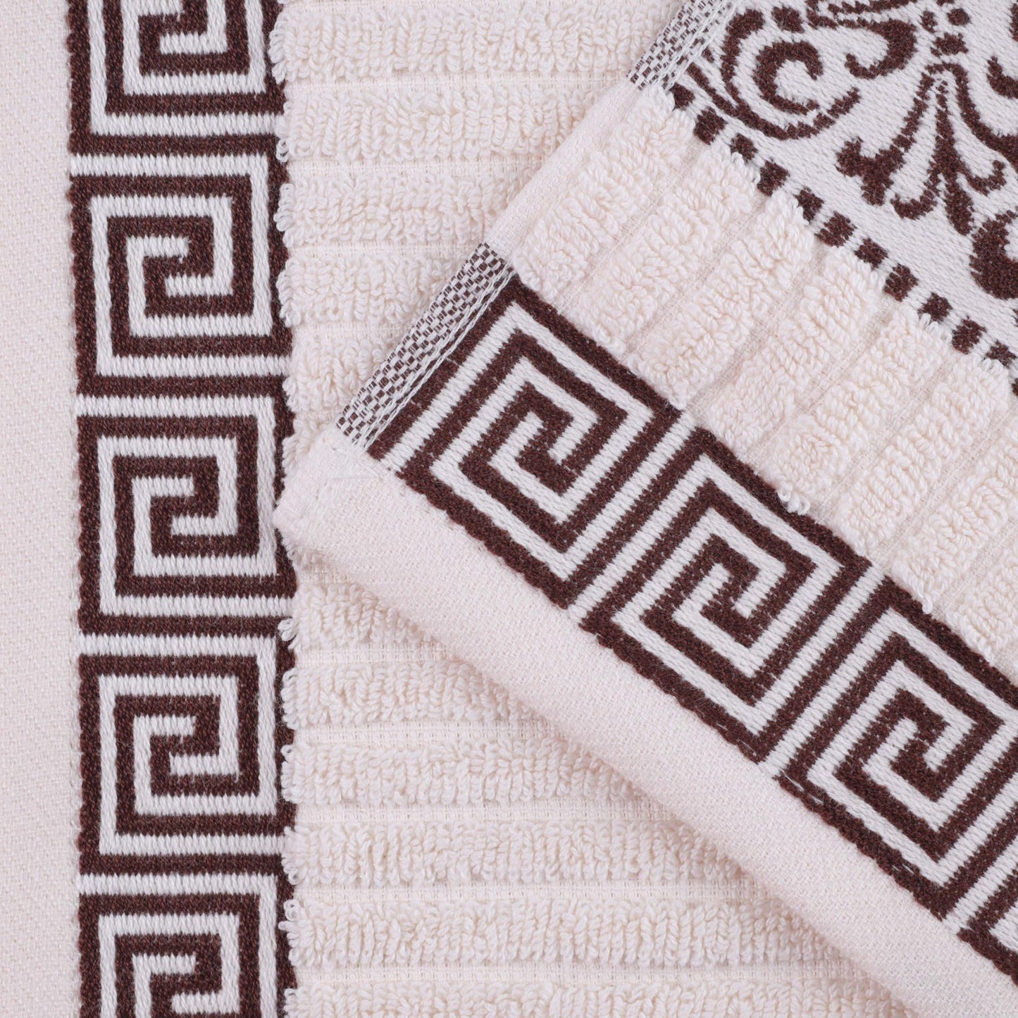 Superior 8 Piece Cotton Towels, Highly-Absorbent Plush Decorative Bohemian, Greek Key Trim Jacquard Dobby Border, Face Towels 13” x 13”