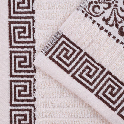 Superior 8 Piece Cotton Towels, Highly-Absorbent Plush Decorative Bohemian, Greek Key Trim Jacquard Dobby Border, Face Towels 13” x 13”
