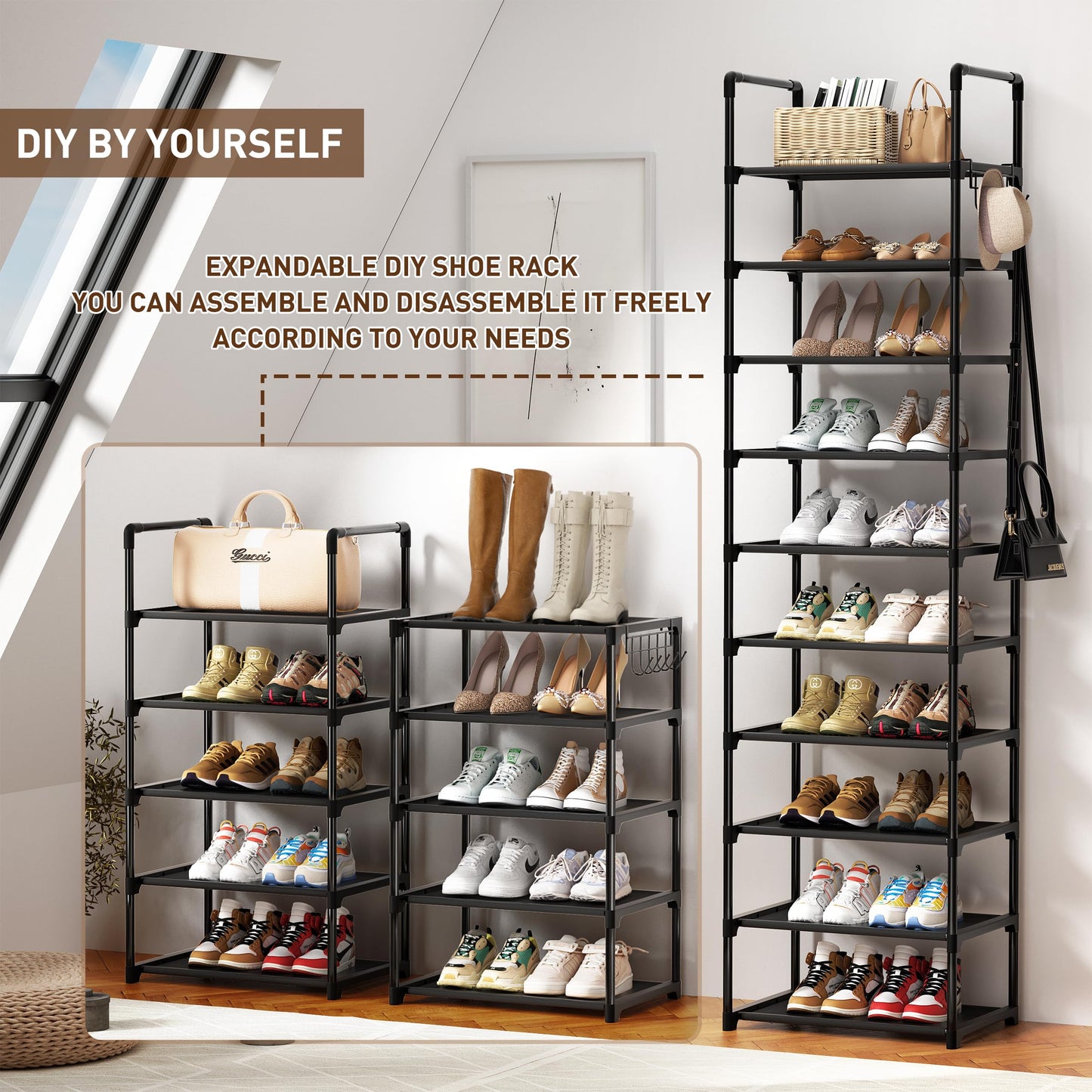 SPUSEN Shoe Rack, 10 Tier Shoe Storage Organizer with Hooks,Fit 20-25 Pairs Shoes,Metal Tall Shoe Shelf for Closet,Entryway,Garage,Bedroom,Cloakroom