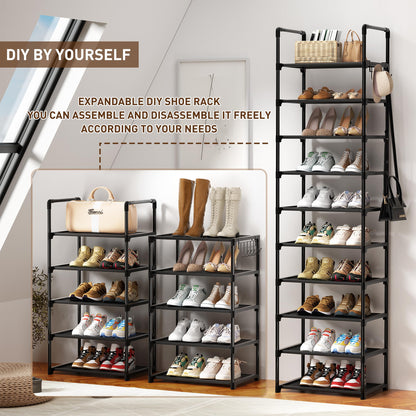 SPUSEN Shoe Rack, 10 Tier Shoe Storage Organizer with Hooks,Fit 20-25 Pairs Shoes,Metal Tall Shoe Shelf for Closet,Entryway,Garage,Bedroom,Cloakroom