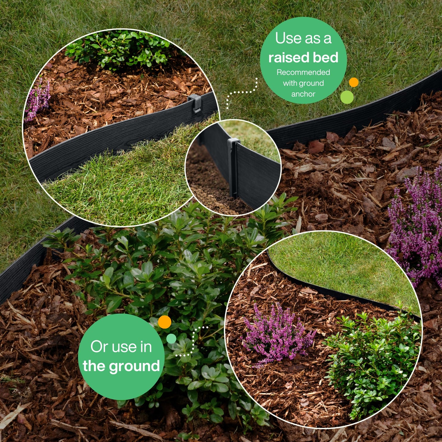 UNIGARDIA Flexible Lawn Edging 20 m with 40 Securing Pegs - Height 13 cm, Thickness 3 mm - Plastic Grass Border & Flower Bed Garden Edging - Easy to